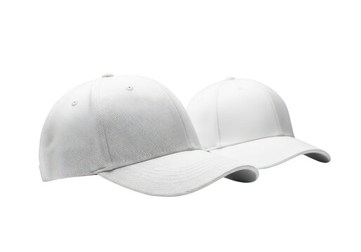 Two white baseball caps with different textures isolated on transparent background