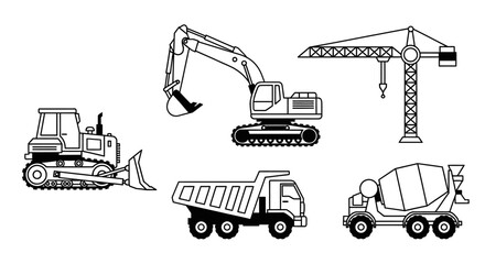 Black and white outline illustrations of various heavy construction vehicles and machinery, including a bulldozer, excavator, dump truck, cement mixer, and tower crane. © IMRONI