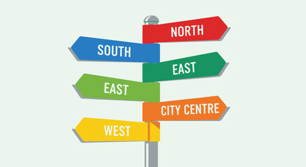 Fototapeta premium Colorful Directional Street Signpost with City Centre and Cardinal Directions on Light Background