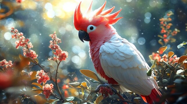 A brightly coloured parrot with a red crest, set against a backdrop of blossoming branches and sunbeams, embodies tropical nature and is ideal as a decorative background for eco-project designs.