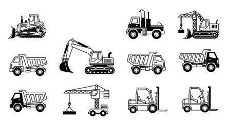 Set of outline icons for various construction vehicles and heavy machinery, ideal for industrial projects, on an isolated white background. © IMRONI