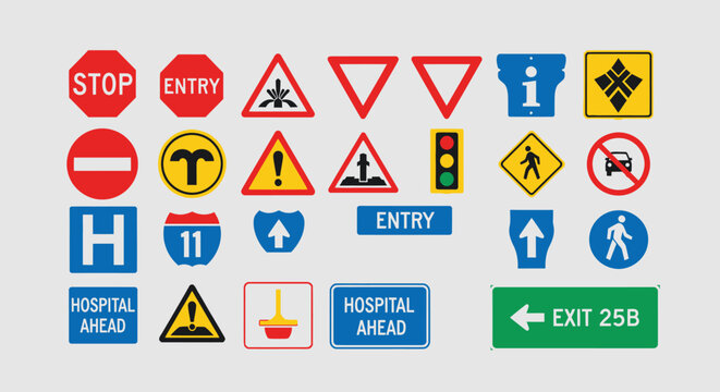 A comprehensive collection of diverse road signs and traffic symbols, including warning, regulatory, informational, and directional signs, on a light background.