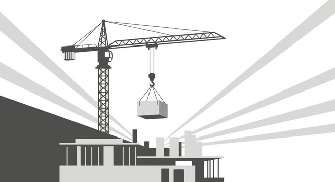Monochromatic construction site with crane lifting load over buildings, set against a backdrop of stylized sun rays.