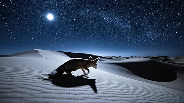Fennec Fox with Large Ears Under Starry Desert Night Sky