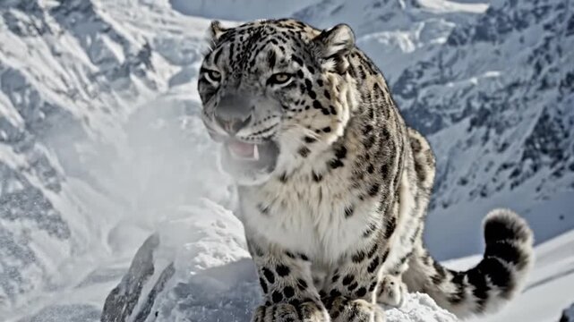 Fierce Snow Leopard Surveys Its Icy Mountain Domain