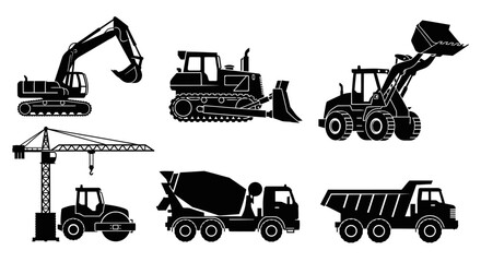 Silhouettes of heavy construction machinery and equipment including excavator, bulldozer, loader, crane, roller, concrete mixer, and dump truck. © IMRONI