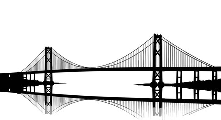 Obraz premium Iconic Suspension Bridge Silhouette with Reflection on Isolated White Background