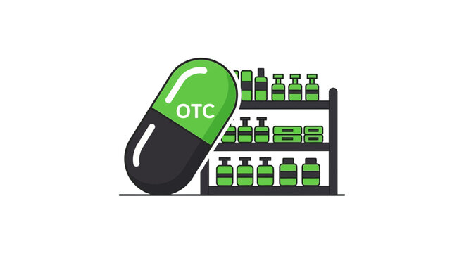 Over The Counter Medicine Displayed Alongside a Large Pill in Green and Black Color
