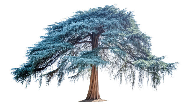 Isolated majestic blue cedar tree with wide spreading canopy, natural beauty, seasonal foliage.