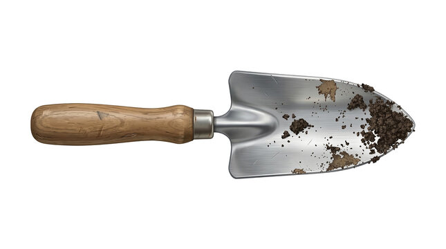 A close-up studio shot of a garden trowel covered in rich, dark soil, ready for planting