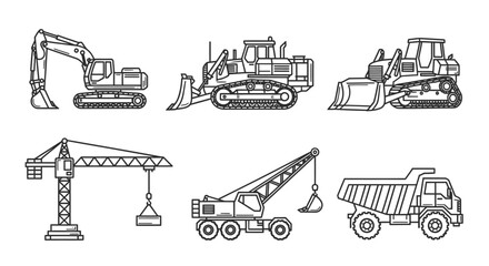Outline Construction Machinery Set with Crane and Dump Truck Isolated White Background © IMRONI