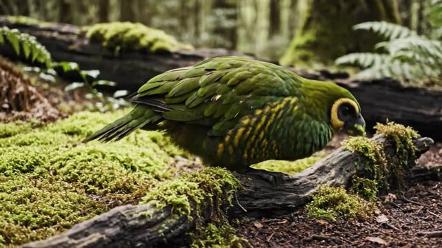 Flightless Kakapo Parrot Foraging on Mossy Forest Floor