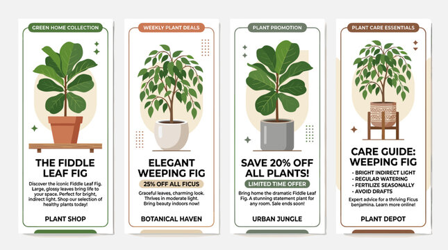 A collection of vertical banner templates featuring pot-grown fiddle leaf and weeping figs, with space for text. Vector artwork designed for houseplant or plant cultivation shop ads and promotions