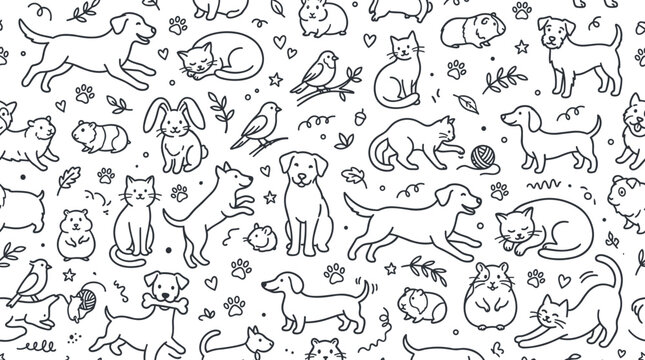 A monochrome seamless pattern featuring pets outlined in contour lines against a white backdrop, suitable for wrapping paper, wallpaper, or textile prints