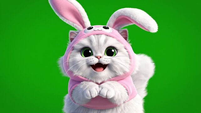 Cute fluffy white cat in a bunny costume celebrating easter