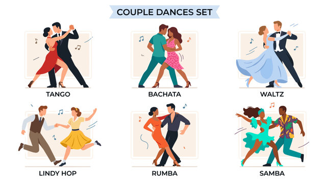A set of couple dances featuring pairs of men and women performing tango, bachata, waltz, lindy hop, rumba, and samba to music, illustrated as flat vectors on a white background