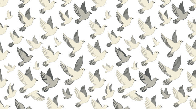 A seamless pattern of birds in the sky: a flock of doves glides across an endless background, creating a textured design of white-winged pigeons in repeated flight, rendered as a flat vector