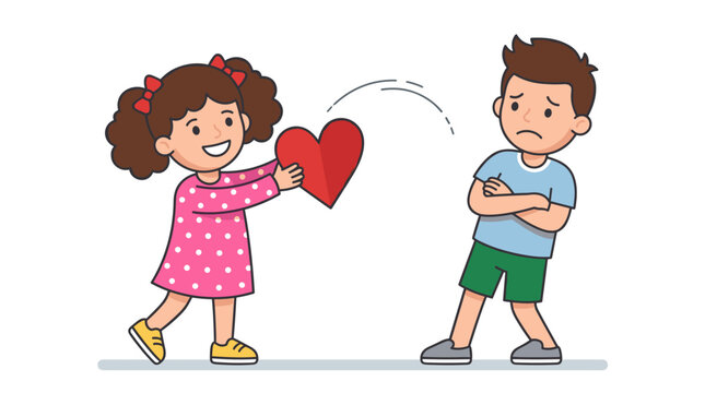A pushy girl attempts to give her heart to a boy who refuses her offering, depicting unreciprocated, one‑sided affection. The male and female cartoon figures stand alone against a white backdrop in a