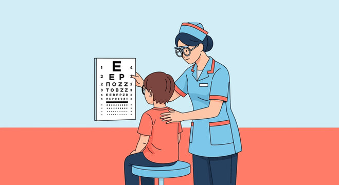 Pediatric Optometry: Eye Exam Illustration With Child And Optometrist Checking Vision Together