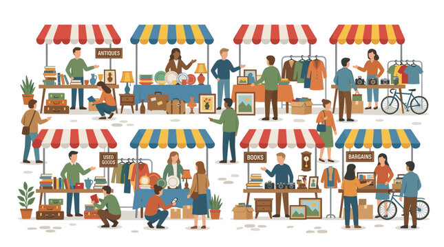 A flat vector illustration of a flea market and rag fair shows faceless sellers and customers trading cheap, old items at a swap meet, where junk is bought and bargained like in a bazaar or antique