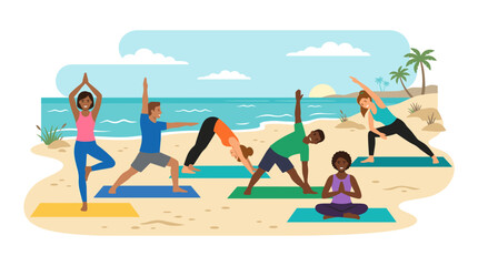 Flat vector illustration of a beach yoga class, featuring people in sportswear performing yoga asanas on the sand, promoting a healthy outdoor lifestyle and active recreation