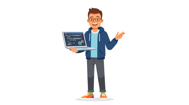A cheerful male cartoon developer, coder, web designer, software engineer, or IT professional holding a laptop, standing alone on a white background in a vibrant flat-style vector illustration