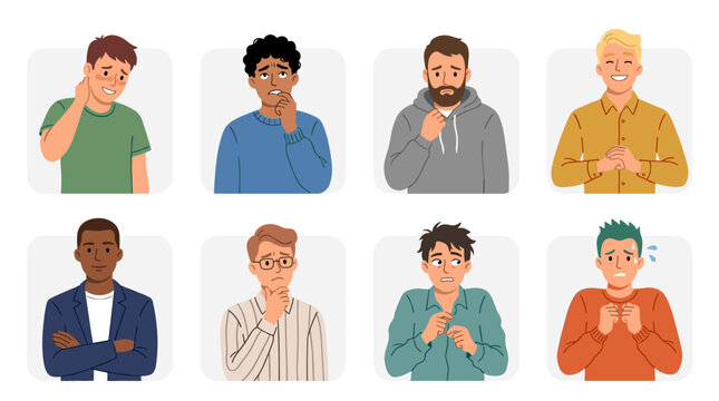 A collection of men displaying embarrassment, worry, guilt, and pride. Individuals exhibiting varied emotions and feelings. Portraits of confident, concerned, and nervous people. A flat vector