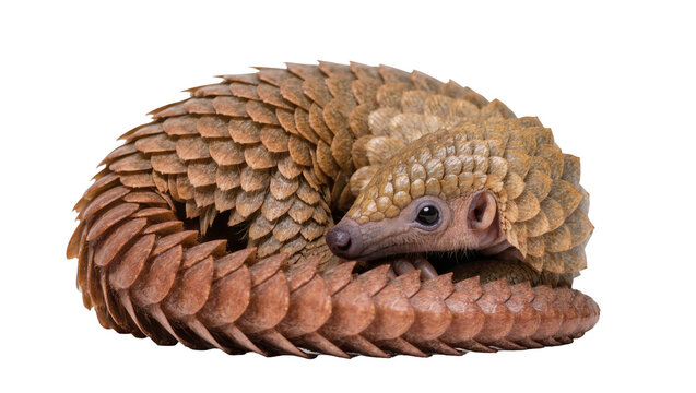 Isolated pangolin curled up in a defensive ball, showcasing its unique protective scales
