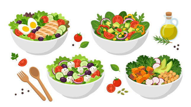 A set of fresh salad bowls featuring healthy, vegetable-rich dishes with lettuce, tomato, olive, chicken, and egg, offering light diet nutrition, illustrated in a flat vector style on a white