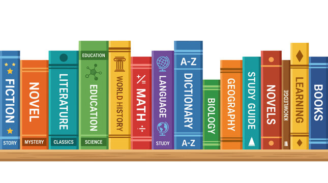 A horizontal row of fiction and educational books forms a border, with a bookshelf banner showcasing novel and dictionary spines for reading, studying, and knowledge, rendered as a flat vector