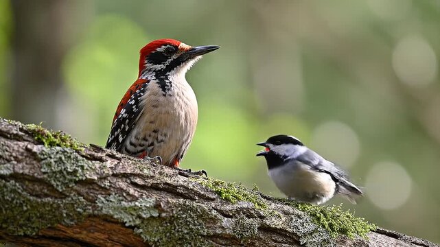 Two birds sitting on a branch together, a pair of birds on a branch with moss, in a natural outdoor setting. Perfect for nature documentaries, wildlife magazines, educational materials.