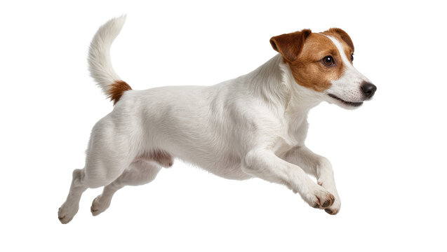 Isolated Jack Russell Terrier dog captured mid-air during an energetic playful run