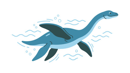 Fototapeta premium Plesiosaur, an ancient marine animal. An aquatic dinosaur, a swimming marine reptile. An extinct underwater dinosaur with fins and a long neck from the Jurassic period. A flat vector illustration