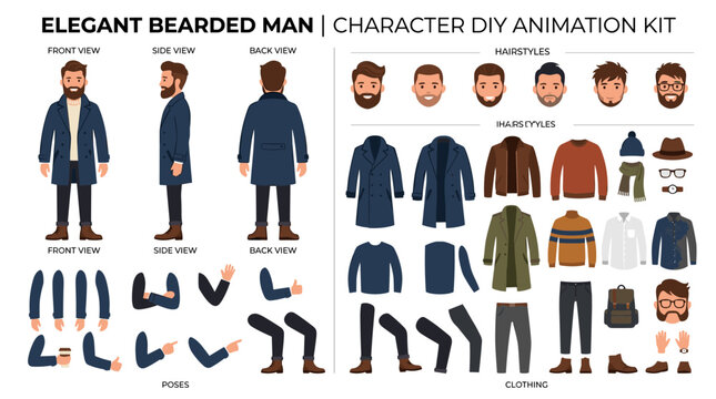 A sophisticated bearded male wearing a coat, available as an animation set or DIY kit, featuring a collection of body parts, poses, hairstyles, and fashionable garments, depicted as a male cartoon