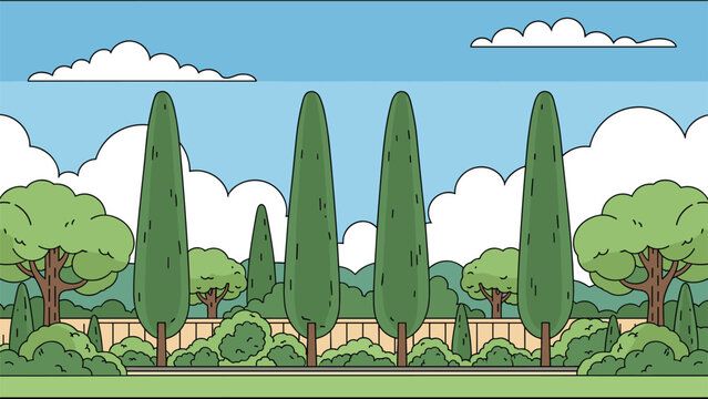 Peaceful garden landscape featuring tall cypress trees and lush greenery under a blue sky with fluffy clouds.