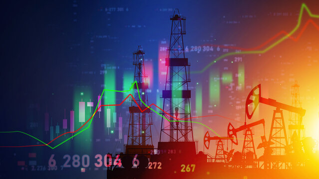 A high-tech conceptual illustration featuring silhouettes of oil derricks and pumpjacks overlaid with dynamic financial data, icluding glowing stock market line charts, candlestick graphs.