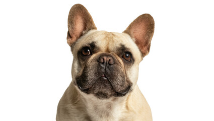 Fototapeta premium Isolated young fawn French Bulldog headshot looking directly at camera with alert expression