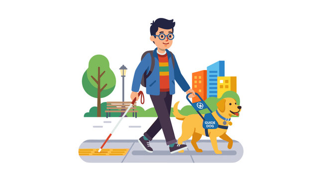 A blind man is depicted in a vibrant, flat vector cartoon illustration, standing beside his guide dog against a white background