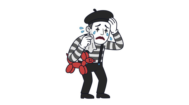 A dejected mime in a beret holds a handkerchief and cries, while a sad, miserable comedian or entertainer stands alone on a white background, weeping in a flat, colorful cartoon vector illustration