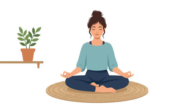 A girl sits cross‑legged on the floor, meditating in a calm, home‑based yoga session featuring Buddhist meditation and Pranayama breath control, depicted in a flat cartoon vector style