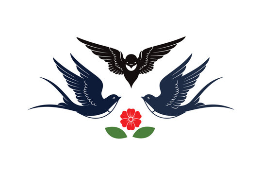 Swallow Birds and Rose Flower Decorative Flat Vector Illustration