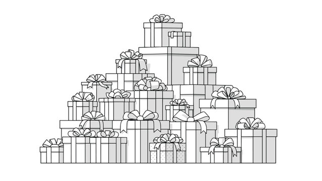 Pyramid stack of wrapped gift boxes is illustrated in clean black and white line art for a festive holiday celebration.
