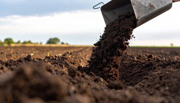 Rich dark soil being turned by a plow in a fertile farm field during cultivation