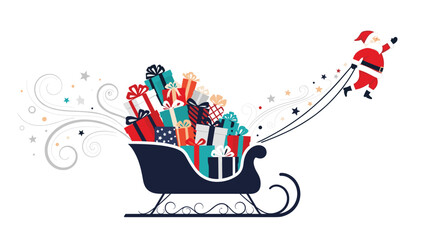 Obraz premium Small Santa Claus pulling a large sleigh full of colorful wrapped gift boxes leaving a trail of magic stars behind.