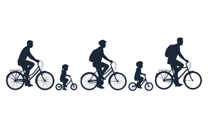 Obraz premium Silhouettes of five family members of various ages riding different types of bicycles in a row on a white background.