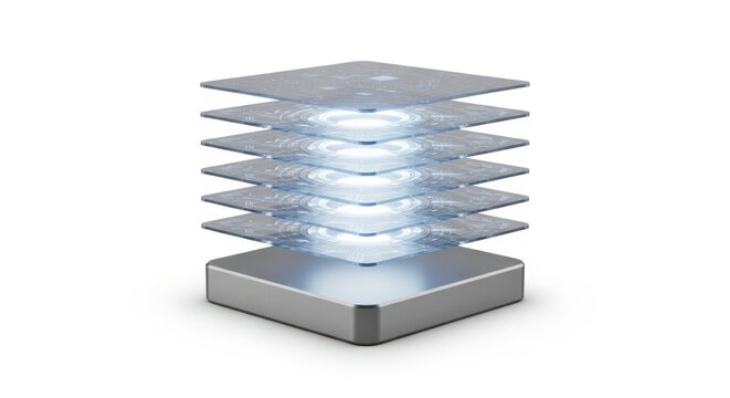 A 3d rendering of a modern silver metal object with glowing blue light layers on a white background