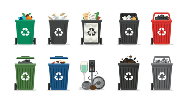 Collection of ten colorful recycling bins for different types of waste and materials arranged in two rows on white.