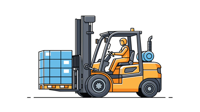 Industrial orange forklift truck with a driver lifting a stack of blue boxes on a pallet in a warehouse setting.
