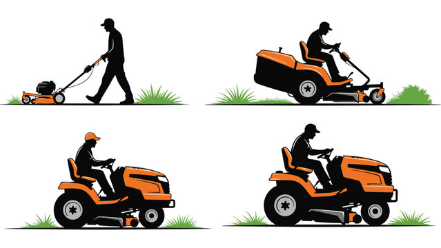 Four silhouettes showing different ways of mowing the lawn using various manual and riding lawn mower equipment.