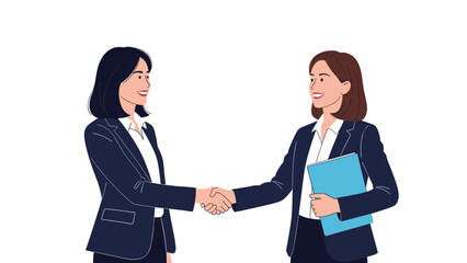 Fototapeta premium Two professional businesswomen in dark suits shaking hands after a successful meeting or deal isolated on a plain white background.